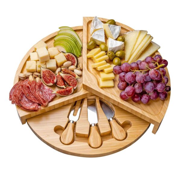 Bamboo Cheese Board and Knife Set – 14 inch Round Charcuterie Board, Serving Tray, Platter, Wood Cheese Board Set with Slide-Out Drawer
