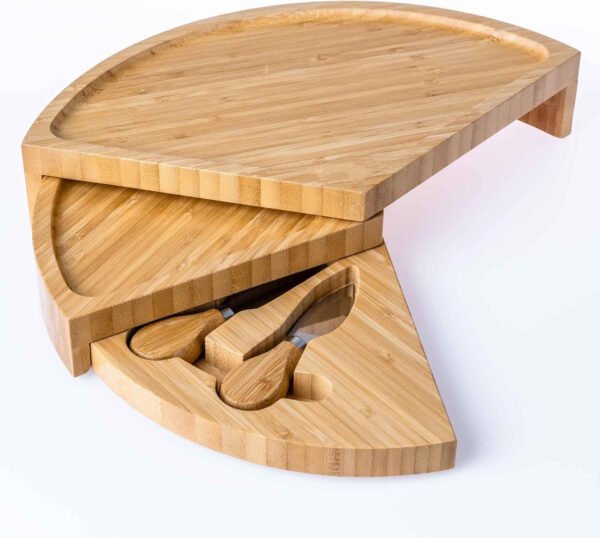 Bamboo Cheese Board and Knife Set – 14 inch Round Charcuterie Board, Serving Tray, Platter, Wood Cheese Board Set with Slide-Out Drawer