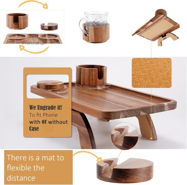 Couch Cup Holder Tray, 3 in 1 Large  Acacia Wood Sofa Arm Clip on Tray Table with 360°Rotated Phone Holder on Armrest