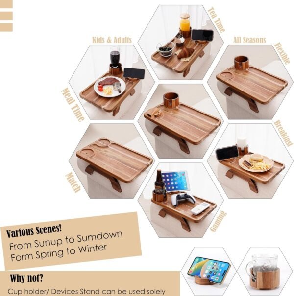 Couch Cup Holder Tray, 3 in 1 Large  Acacia Wood Sofa Arm Clip on Tray Table with 360°Rotated Phone Holder on Armrest