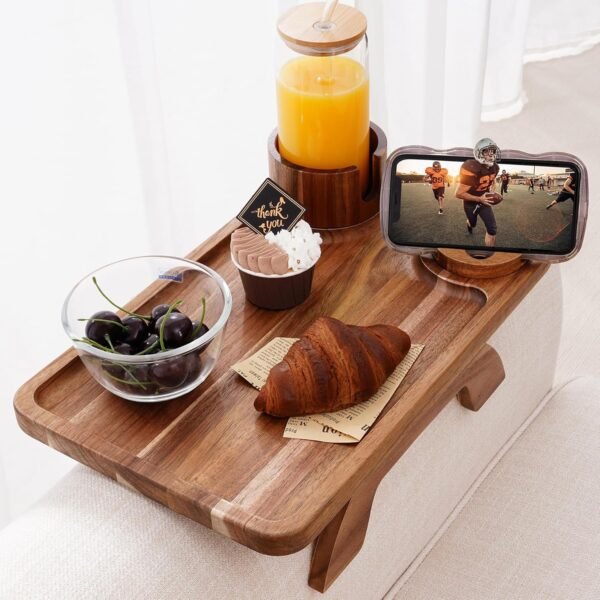 Couch Cup Holder Tray, 3 in 1 Large  Acacia Wood Sofa Arm Clip on Tray Table with 360°Rotated Phone Holder on Armrest