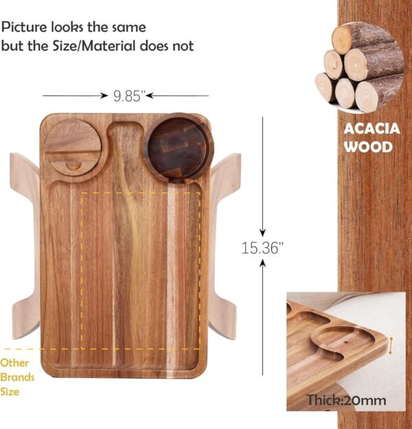 Couch Cup Holder Tray, 3 in 1 Large  Acacia Wood Sofa Arm Clip on Tray Table with 360°Rotated Phone Holder on Armrest