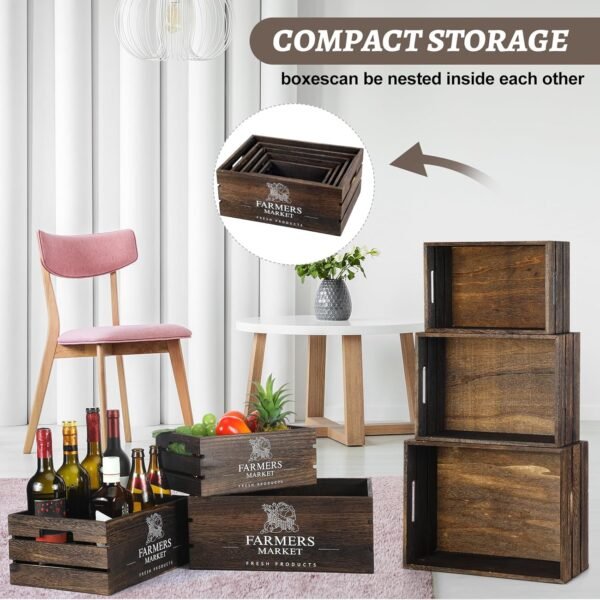 Set of 5 Wood Crates for Display Decorative Nesting Wooden Crate Storage with Handles Vintage Farmhouse Style Decorative Boxes Multipurpose Fruits Vegetables Boxes(Dusty Brown,Elegant)