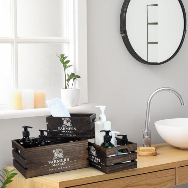 Set of 5 Wood Crates for Display Decorative Nesting Wooden Crate Storage with Handles Vintage Farmhouse Style Decorative Boxes Multipurpose Fruits Vegetables Boxes(Dusty Brown,Elegant)