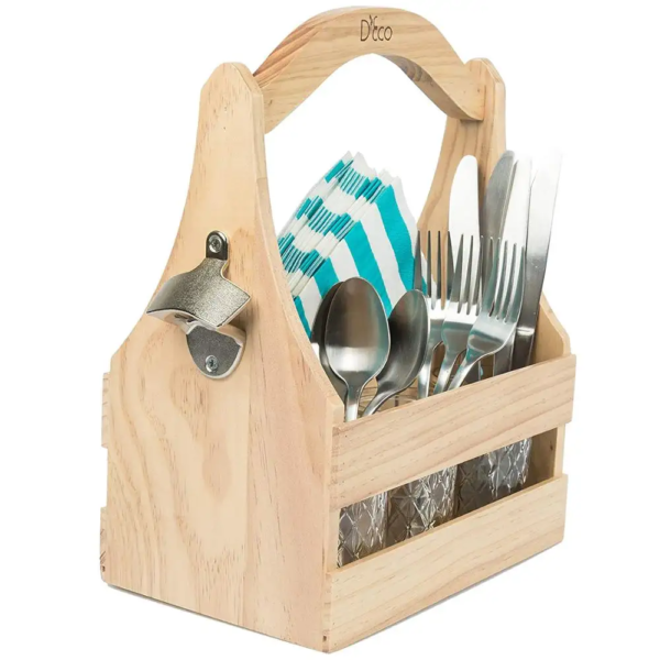 Wood Beer Bottle Caddy And Bottle Opener Knife and fork storage basket