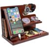 Wood Phone Docking Station for Men - Desk or Nightstand Organizer - Birthday Gifts for Husband, Dad - Anniversary Idea from Wife - Key Holder, Stand Wallet, Watch & Essentials (Bourbon Brown)