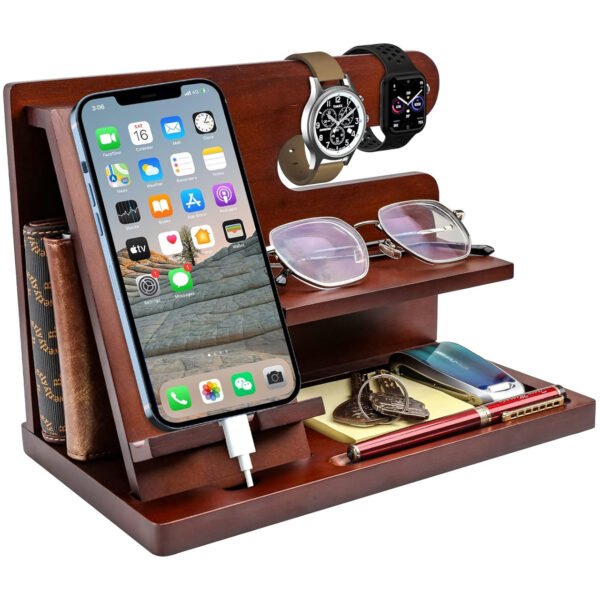 Wood Phone Docking Station for Men - Desk or Nightstand Organizer - Birthday Gifts for Husband, Dad - Anniversary Idea from Wife - Key Holder, Stand Wallet, Watch & Essentials (Bourbon Brown)