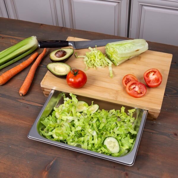 Bulk Custom Large Bamboo Cutting Board with Sliding Stainless Steel Tray Factory Wholesale Organic Bamboo Food Prep Boards (Logo Engravable)