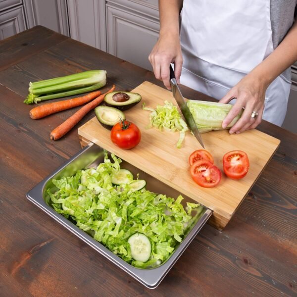 Bulk Custom Large Bamboo Cutting Board with Sliding Stainless Steel Tray Factory Wholesale Organic Bamboo Food Prep Boards (Logo Engravable)