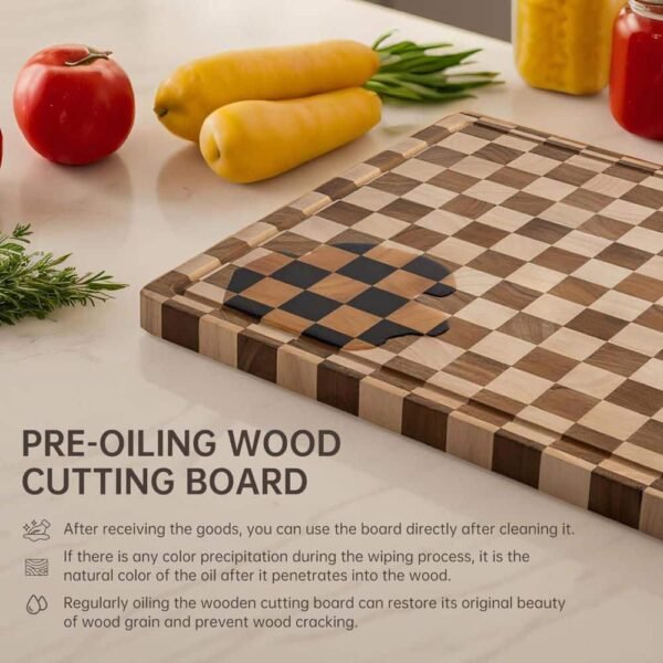 Eco-Friendly Checkerboard Acacia Cutting Board – Personalized Logo, Factory Wholesale Rectangular Checkered Wood Cutting Board with Juice Grooves and Handles for Kitchen (7)