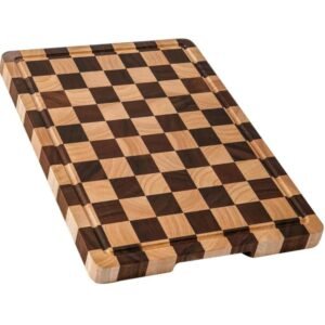 Eco-Friendly Checkerboard Acacia Cutting Board – Personalized Logo, Factory Wholesale Rectangular Checkered Wood Cutting Board with Juice Grooves and Handles for Kitchen (7)