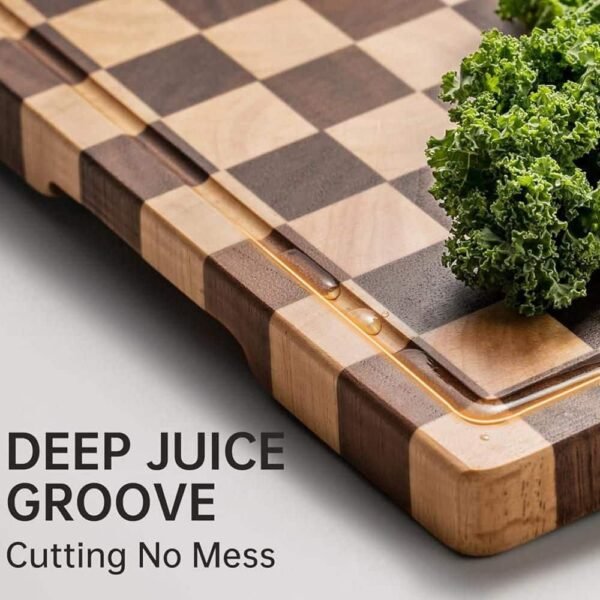Eco-Friendly Checkerboard Acacia Cutting Board – Personalized Logo, Factory Wholesale Rectangular Checkered Wood Cutting Board with Juice Grooves and Handles for Kitchen (7)