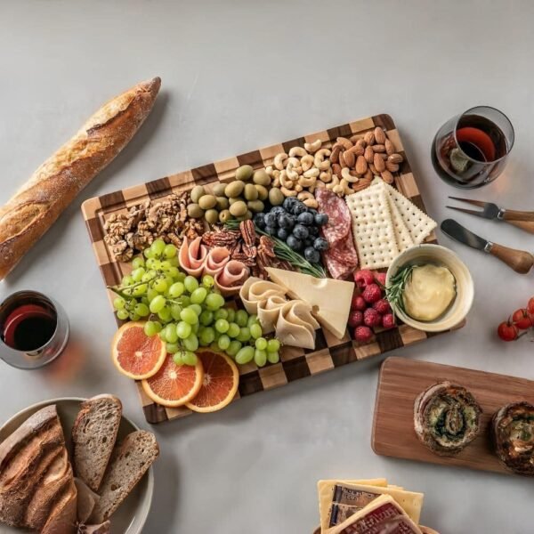 Eco-Friendly Checkerboard Acacia Cutting Board – Personalized Logo, Factory Wholesale Rectangular Checkered Wood Cutting Board with Juice Grooves and Handles for Kitchen (7)