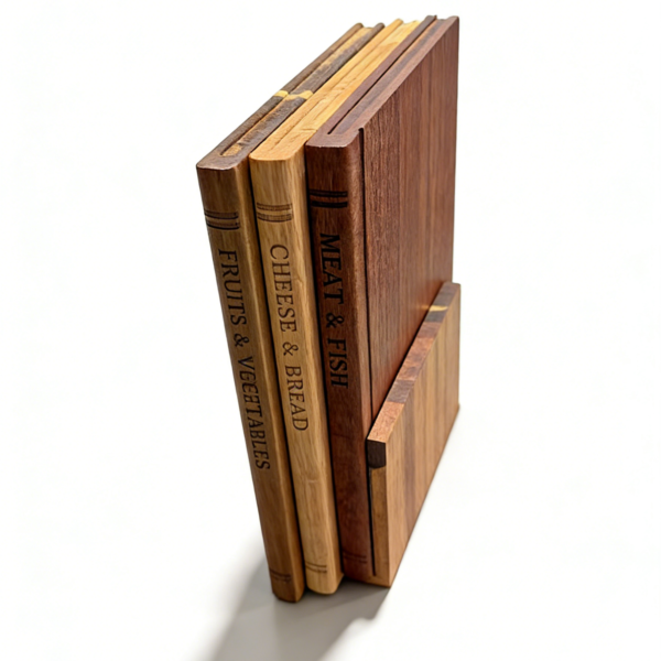 Wholesale Book-Shaped 3-Board Acacia Set with Stand – Eco-Wood, FDALFGB Approved, Custom Bulk Orders .