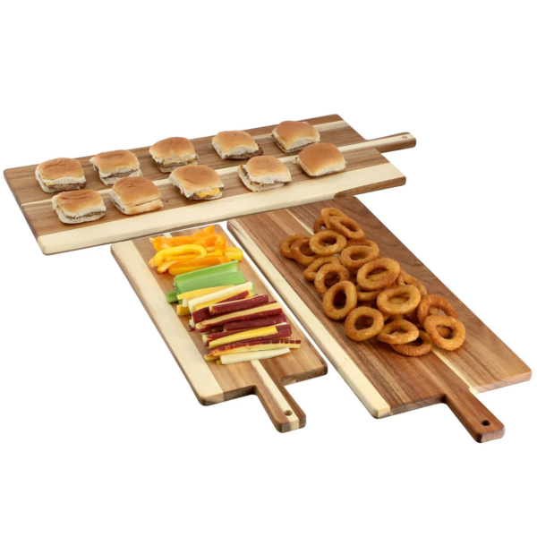 3 Piece Acacia Wood Charcuterie Board Set – Paddle Serving Platters with Handles