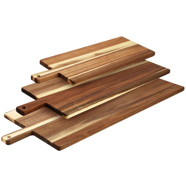 3 Piece Acacia Wood Charcuterie Board Set with Handles, Paddle Serving Platters for Appetizers & Parties