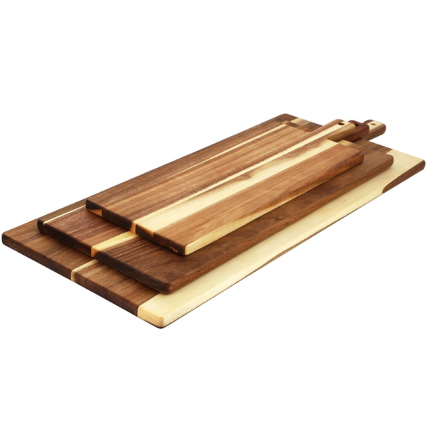 3 Piece Acacia Wood Charcuterie Board Set with Handles, Paddle Serving Platters for Appetizers & Parties
