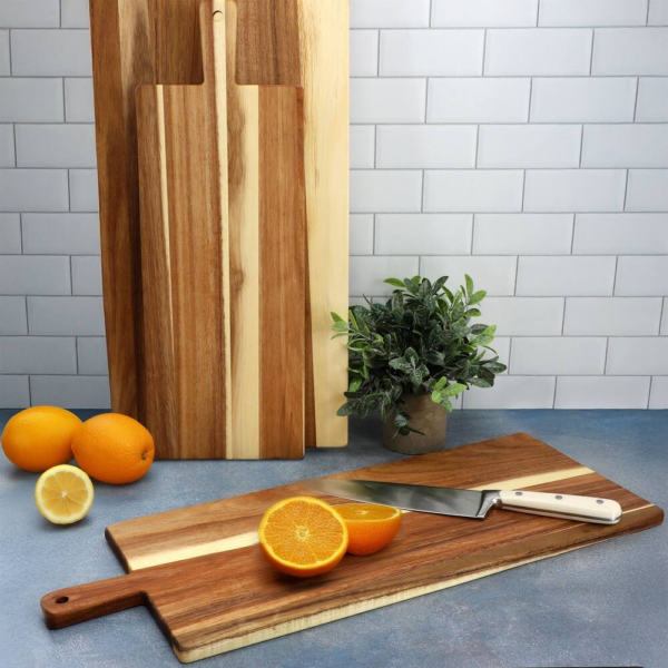 3 Piece Acacia Wood Charcuterie Board Set with Handles, Paddle Serving Platters for Appetizers & Parties