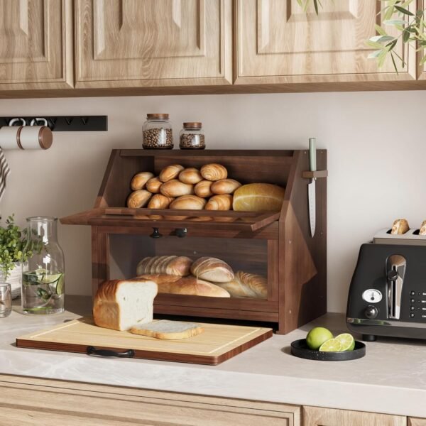 wood Eco Bread Box Bread Basket with Chopping Board Storage Box Kitchen Bread Storage Bread Container Visualised for Bread, Roasted Bread, Black, 39 x 26 x 32.5 (L x W x H) cm (7)