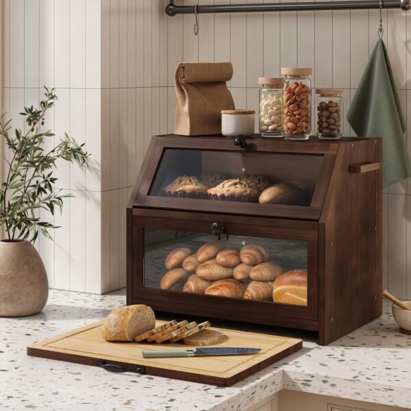 wood Eco Bread Box Bread Basket with Chopping Board Storage Box Kitchen Bread Storage Bread Container Visualised for Bread, Roasted Bread, Black, 39 x 26 x 32.5 (L x W x H) cm (7)
