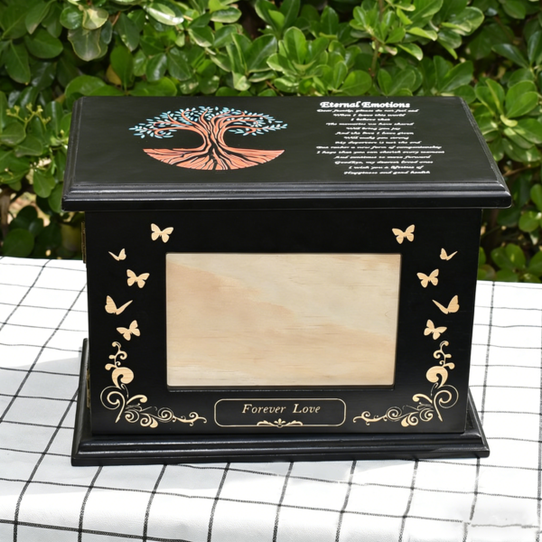 Wholesale Wooden Pet Urn with Photo Frame, Custom Engraved Tree of Life Dog Memorial Box, Bulk Pet Casket for Ashes, Factory Direct