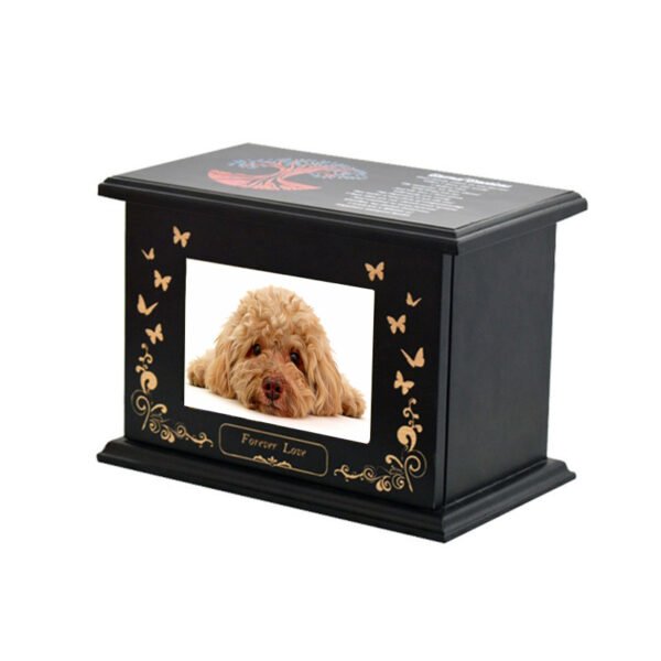 Wholesale solid wood pet urn with photo frame, custom engraved tree of life dog memorial box for pet ashes, factory direct bulk pet caskets