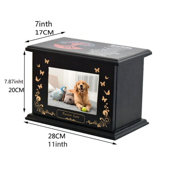 Wholesale solid wood pet urn with photo frame, custom engraved tree of life dog memorial box for pet ashes, factory direct bulk pet caskets