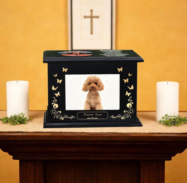 Wholesale solid wood pet urn with photo frame, custom engraved tree of life dog memorial box for pet ashes, factory direct bulk pet caskets