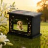 Wholesale solid wood pet urn with photo frame, custom engraved tree of life dog memorial box for pet ashes, factory direct bulk pet caskets