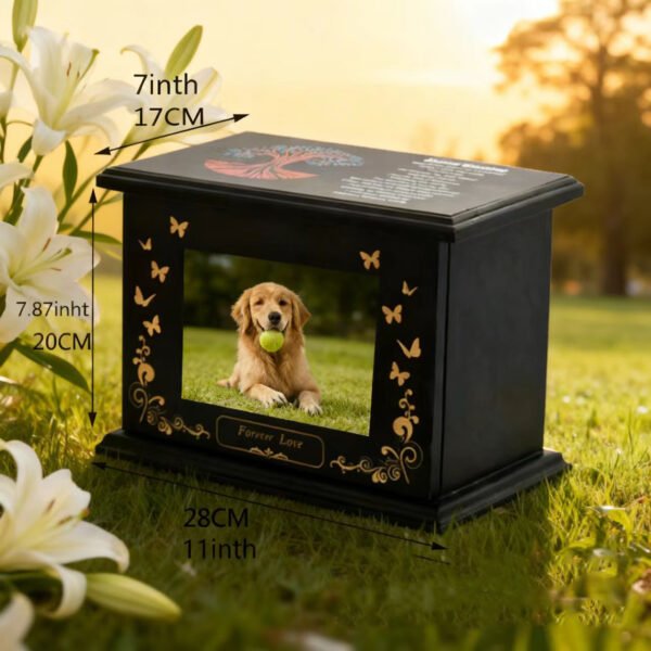 Wholesale solid wood pet urn with photo frame, custom engraved tree of life dog memorial box for pet ashes, factory direct bulk pet caskets